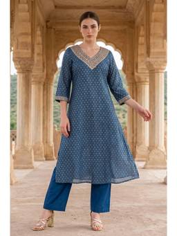 Aurelia - Women Blue Embroidered Polyester Kurta