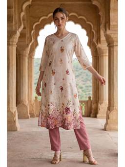 Aurelia - Women Beige Floral Pure Cotton Kurta
