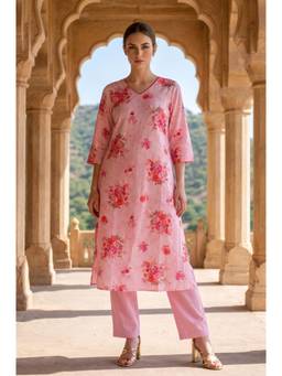 Aurelia - Women Pink Floral Pure Cotton Kurta