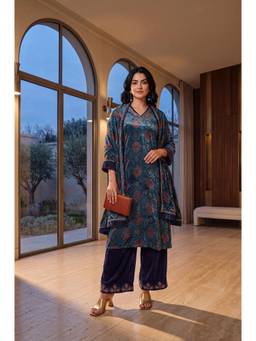 Folksong - Women Teal Floral Viscose Kurta and Pant with Dupatta