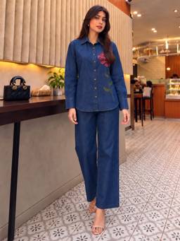 Autumnlane - Women Blue Floral Denim Shirt with Pant