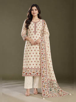 Seerat - Women Cream Floral Silk Blend Kurta and Pant with Dupatta