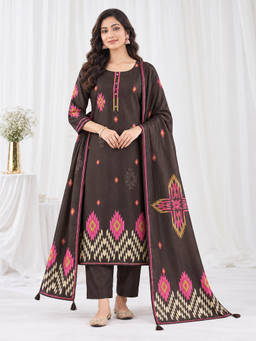 Seerat - Women Brown Floral Silk Blend Kurta and Pant with Dupatta