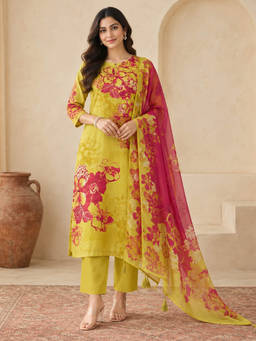 Seerat - Women Yellow Floral Silk Blend Kurta and Pant with Dupatta