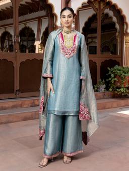 Autumnlane - Women Green Solid/Plain Tissue Kurta and Pant with Dupatta