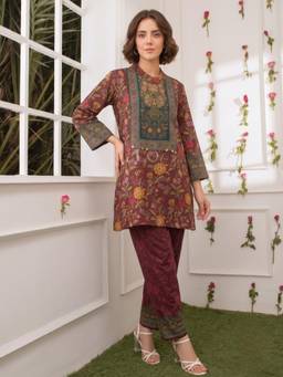 Autumnlane - Women Wine Floral Crepe Co-Ord Set