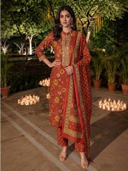 Autumnlane - Women Red Printed Cotton Kurta and Pant with Dupatta