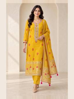 Seerat - Women Yellow Embroidered Chanderi Kurta and Pant with Dupatta
