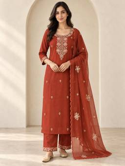 Seerat - Women Brown Embroidered Silk Blend Kurta and Pant with Dupatta