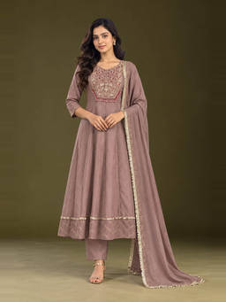 Seerat - Women Mauve Embroidered Chanderi Silk Anarkali Kurta and Pant with Dupatta