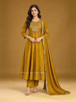 Seerat - Women Mustard Embroidered Chanderi Silk Anarkali Kurta and Pant with Dupatta
