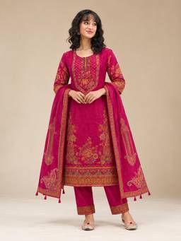 Seerat - Women Pink Embroidered Cotton Silk Kurta and Pant with Dupatta