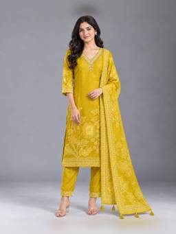 Seerat - Women Yellow Embroidered Cotton Silk Kurta and Pant with Dupatta