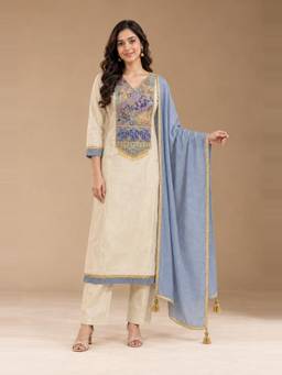 Seerat - Women Ivory Embroidered Chanderi Silk Kurta and Pant with Dupatta