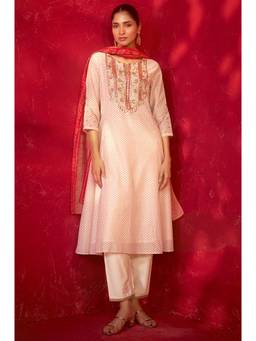 W - Off White Embroidered Chanderi Kurta and Pant with Dupatta