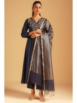 W - Navy Blue Embroidered Viscose Kurta and Pant with Dupatta
