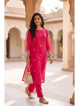 W - Pink Embroidered Chanderi Kurta with Pant