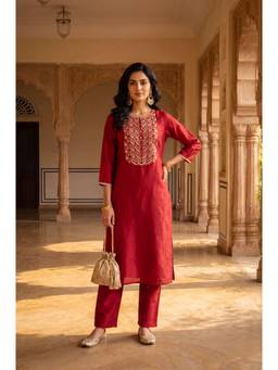 W - Maroon Embroidered Viscose Kurta with Pant