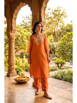 W - Orange Embroidered Chanderi Kurta with Pant