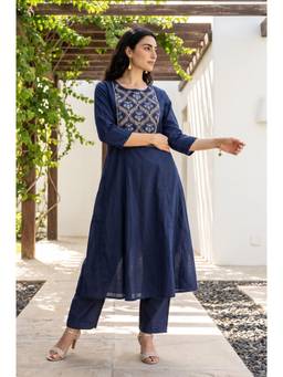 W - Navy Blue Floral Viscose Kurta