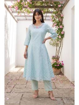 W - Blue Embroidered Chanderi Kurta