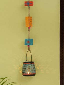 ExclusiveLane - 'Oasis Radiance' Hand-Painted Hanging Tea-Light Holder In Iron (Turquoise Blue)