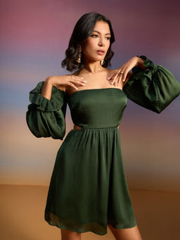 RSVP by Nykaa Fashion - Bottle Green Solid Off Shoulder Waist Cut Out Short Satin Dress