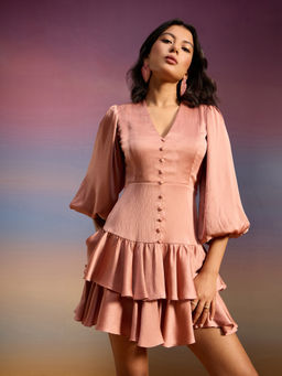 RSVP by Nykaa Fashion - Puce Pink Solid V Neck Balloon Sleeves Ruffled Short Satin Dress