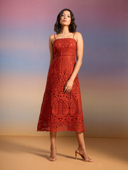 Buy RSVP by Nykaa Fashion Rust Textured Strappy Fit And Flare Lace Midi  Dress (XS) Online
