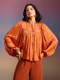 RSVP by Nykaa Fashion - Burnt Orange Paisley Print Bishop Sleeves Satin Tunic Top