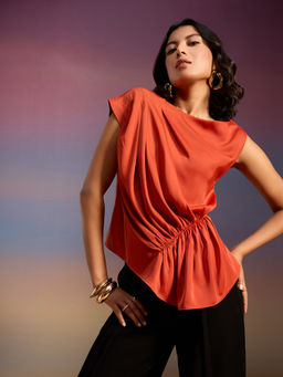 RSVP by Nykaa Fashion - Rust Solid Boat Neck Asymmetric Satin Top