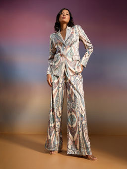 RSVP by Nykaa Fashion - Cream and Teal Paisley Print Blazer Straight Fit Pant Satin Co Ord (Set of 2)