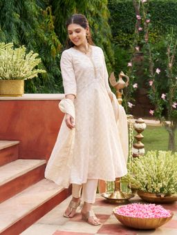 Aurelia - Women's Beige Foil Printed Sequinned A-Line Kurta Pant and Dupatta