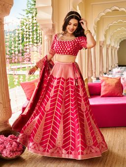 Aurelia - Women's Red Zari Jacquard Straight Blouse with Lehenga and Dupatta