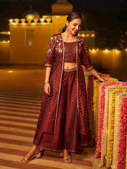 Aurelia - Women's Burgundy Embroidered Sequined Blouse with Palazzo and Jacket