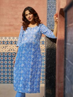 Aurelia - Blue Thread Embroidered Schiffly Pure Cotton Straight Kurta