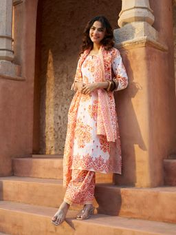 Aurelia - White & Peach Paisley Printed Cotton Straight Kurta With Salwar & Dupatta