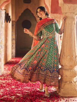 Aurelia - Green Sequins Floral Printed Shantung Anarkali Kurta With Leggings & Dupatta