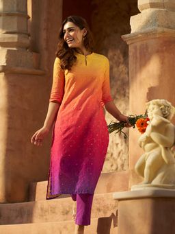 Aurelia - Orange Ombre Embroidered Schiffli Rayon Straight Co-Ord Set