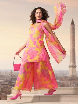 W - Yellow Floral Printed Tassels Straight Kurta with Flared Pants and Dupatta Set