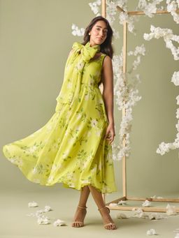 W - Yellow Floral Printed Scoop Neck Dress With Dupatta