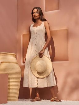 W - Beige Textured Cotton Blend Embroidered A-Line Dress