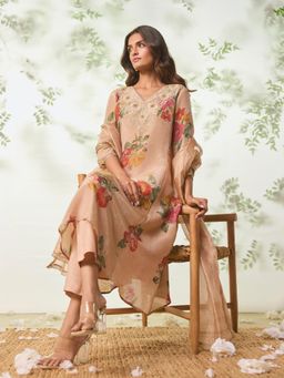 W - Peach Floral Embroidered Tissue Straight Kurta With Pant & Dupatta