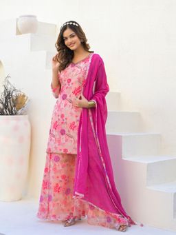 Odette - Pink Georgette Embellished Stitched Kurti with Palazzo & Dupatta For Women (Set of 3)