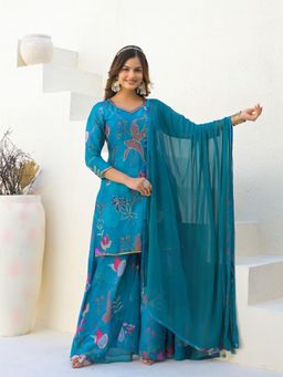 Odette - Blue Georgette Embellished Stitched Kurti with Palazzo & Dupatta For Women (Set of 3)