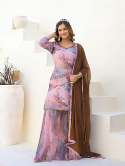 Odette - Mauve Georgette Embellished Stitched Kurti with Palazzo & Dupatta For Women (Set of 3)