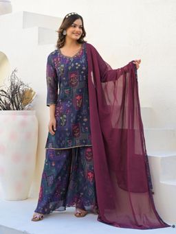 Odette - Purple Georgette Embellished Stitched Kurti with Palazzo & Dupatta For Women (Set of 3)