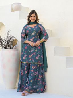 Odette - Teal Green Georgette Embellished Kurti with Palazzo & Dupatta For Women (Set of 3)