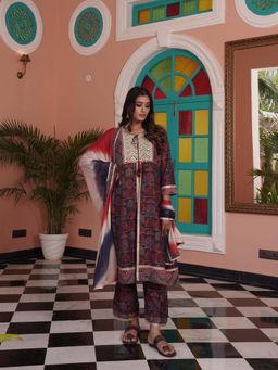 BulBul - Sarita Chanderi Red Kurta with Pant & Dupatta (Set of 3)