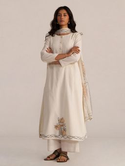 Ganga Fashions - Off-White Cotton Woven Kurta with Palazzo & Dupatta (Set of 3)